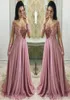 Плюс размер Великолепные пыльно-розовые платья для выпускного вечера с длинными рукавами Прозрачная шея с драгоценными камнями Аппликация Кружева ручной работы 3D Цветы Вечернее платье Вечернее Go1619157