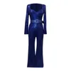 Casual Dresses Women's Elegant Long Sleeve Floor Length Rhinestone Jumpsuit Dress Belt Fashion Evening Party Suit Women Formal