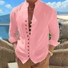 100% rent bomullslinne som säljer modemän långärmad skjorta fast färg stand up collar casual stil mens s-3xxl 240307