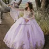 Fee Lichtpaars Jurken Voor Quinceanera 2024 Prinses Puffmouwen V-hals Optocht Applicaties Kant Verjaardag Galajurk Elegant Debutante Zestien Fotografie