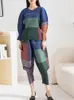 Women's Two Piece Pants Miyake 2024 Autumn Pleated Two-piece Set Round Neck Long-sleeved Colorblocking Top High Waist Comfortable Casual