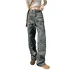 Li She # Camo Jeans Solto, Cintura Alta, Slim Street Red Sweet Cool Trendy Calças de Perna Reta Feminina