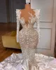 Voortreffelijke zeemeermin trouwjurken Lange mouwen V HALL 3D LATE BLOEMEN APPLIKES APPLAGEN BRANDEN SEXY FLOUDS TRAIN VLOER LENGTE PLUS GROOLT BRIDAL JUDENS ABITI DA SPOSA