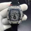 Hip Hop Men's Trend Wristwatch Diamond Case Titta på stor diamant Bezel Watches Black Rubber Strap Watch Automatic Mechanical W228H