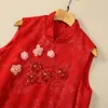 2024 Spring Red Floral Print z koralikami sukienki stojak bez rękawów obroża cekiny Midi Casual Sukienki S4M110303 Plus Size xxl