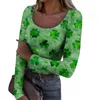 T-shirts voor dames Herfst en winter Slim Fit Basis T-shirt Modieus Casual St. Patrick's Day Print U-hals Lange mouw Poleras Mujer