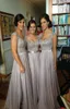 Silver chiffon lace Custom made New Big Discount cap sleeve long Bridesmaid Dresses formal dresses with ribbon3611545