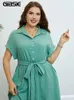 Plus Size Kleider GIBSIE Solide Halbknopf-Hemdkleid mit Gürtel Damenmode Sommer Kurzarm Damen Casual Midi A-Linie 2024