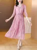 Feestjurken Zomer Vrouwen Casual Midi Roze Chiffon Jurk 2024 V-hals Elegantes Boho Verstoorde Koreaanse Mode Avond Vintage