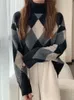 여자 스웨터 빈티지 터틀넥 여성 스웨터 니트 풀버 한국 패션 느슨한 격자 무늬 따뜻한 니트웨어 점퍼 가을 대형 탑
