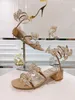 Luxus Damen Rene Caovilla Floriane Sandalen Schuhe Satin Blumen Schlange Spirale Wraps Riemchen Chunky Heels Lady Party Hochzeit Lady Gladiator Sandalen EU35-43