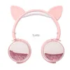 Cell Phone Earphones New cat ear quicksand headset wired gift school lecture game folding belt wheatH240312
