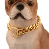 Chaîne de chien à boucle en diamant 14MM, collier de chien en acier inoxydable, chaîne en or pour animal de compagnie, collier de chien et chat, accessoires 341k