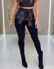 Pantalon Femme Femmes PU Cuir Patch Skinny avec ceinture Femme Mode Vêtements de sport Taille haute Pantalon Tempérament Trajet