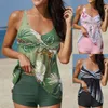 Roupa de banho conservadora moda feminina estampada alça espaguete gola em v vestido de praia trajes de banho shorts sem costas