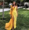 Abendkleider Yellow Dubai Formal Party Dress Women Long Sleeves one shouler Evening Gowns Elegant Slit Chiffon Muslim Evening Dres9900957