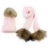 Children knitted Scarf and Hat Set Luxury Winter Warm Crochet Hats scarves with Real fur pom Beanie for boys girls 240227