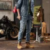 Jeans masculinos retro moda high-end tendência slim-fitting legal grande bolso costura motocicleta calças skinny