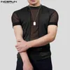 Herren T-shirt Mesh Patchwork Streetwear Oansatz Kurzarm Sexy Camisetas Durchsichtig Mode Männer Kleidung S-5XL INCERUN 240320