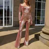 Casual Dresses Women's Elegant Long Sleeve Floor Length Rhinestone Jumpsuit Dress Belt Fashion Evening Party Suit Women Formal