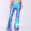 Women's Pants Sexy PU Leather Metallic Shiny Holographic Flare Women Girls Elastic Waist Bell Bottom Trousers Clubwear