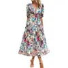 Women Casual Boho Chiffon Dresses Flowy Sexy V-Neck Short Sleeve Empire Waist Summer Dress Smocked Print Floral Long Dress