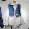 Blusas femininas SuperAen Coreano Solto Camisa de Manga Longa Top Lavado Colete Jeans Conjunto de Duas Peças