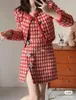 Work Dresses 2024 Spring Luxury Fashion Women Red Plaid Tweed Jacket Coat With Vest Dress Suits Sets For Female Gdnz 1.02