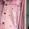 Kobiety nitowe frezowanie swobodne różowe krótkie styl dżinsowa kurtka najwyższej jakości ulica luźna luźna rękaw z kieszonkową dżinsy femme s-l 240301