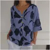 Kvinnors blusar skjortor kvinnor blus blad tryckt v hals för retro tre kvart ärmskjorta med kontrastfärg mjuka andningsbara ladys otkyv