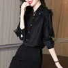 Blusas femininas rendas retalhos elegante chique botão até camisa moda preto negócios casual escritório senhora blusa solta manga longa topos