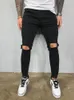 Men's Jeans Mens Knee Ripped High Street Cool Casual Stretch Men Pencil Pants BLack Blue Slim Denim Trousers Streetwear For