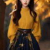 Rokken 2024 Set Dames Lente En Herfst Gele Hoge Kraag Trui Rok Chinese Nationale Stijl Zachte Stoffen