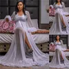 Illusion Women Sexy Lady Tulle Sleepwear Wedding Outfit Garment Bridal Bathrobe Sheer Nightgown Lace Appliques Long Robe282m