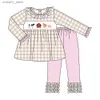 T-shirts Baby Boutique Long Sleeve T-shirt Set Round Neck Farm Animal Embroidery Girl Dress Boy Yellow Lattice Top Clothes And Blue Pants L240311