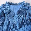 Kadın bluzları 2024 Yaz Mavi Doku Desen Tasarımı Dantel Yaka Bluz Kadınlar