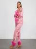 Kvinnors sömnkläder Kvinnor Satin Pyjama Set Långärmning Lapel Neck Rands Topps Elastic Midje Patchwork Feather Pants Outfit S-XL