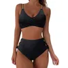 Kvinnors badkläder Kvinnor Hög midja Bikini Set Sexig Push Up Two Piece Baddräkter Solid Color Ruched Swimsuit Beachwear Bathing Suit