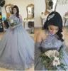 Plus Size Silver Princess Wedding Dresses Bridal Dress 2022 High Neck Lace Beaded Sweep Train Long Sleeve Arabic Church Wedding Go6281617