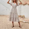Casual Dresses Women's Summer Vintage Leopard Print Bohemian Long Dress Elegant Short Sleeve DrawString Beach Maxi Vestidos