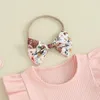 Clothing Sets Baby Girl Shorts Set Western Outfit Ruffled Ribbed Sleeve T-shirt Cow Print Suspender With Bow Headband