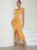 Sukienki swobodne seksowne żółte siatkę o szyjka bez rękawów wysoko podzielone długie sukienki Kobiety Patchwork Folds Slim Celebrity Party Even