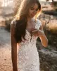 Boho Mermaid Beach Wedding Dresses Lace Deep V-neck Neckline Cap Sleeves Chapel Train Plus Size Bride Gown Vestidos De BC10939