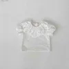 Tシャツ8909ベビー服2024夏の新しい甘いワイルドレースカラーガールズTシャツ刺繍花バブル半袖ボトムシャツl240311
