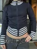 Kvinnors stickor Kvinnor Knit Zip Up Sweater Lång ärm Stand Collar Striped Patchwork Cardigan Slim Fit Ribbed Cropped Jacket 90s Streetwear