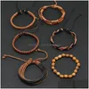 Bracelets de charme Corde à la main en cuir tressé Mtilayer en bois perlé ensemble de bijoux réglable décor bracelet pour hommes livraison directe Dhr2J