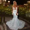 Prom Dresses sjöjungfru Sliver för kvinna 2024 Sheer Neck Lace Applique African Sequin Party Dress Sleeveless Robe Gala Luxe