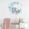 Aquarel slapende babyolifant op de maan muurstickers met bloemen voor kinderkamer babykamer muurstickers PVC3195