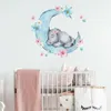 Acuarela durmiendo bebé elefante en la luna pegatinas de pared con flores para habitación de niños bebé pegatinas de pared de habitación PVC3195