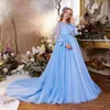 Kız Elbise Mavi Çiçek Elbise Düğün Parlayan Aplike Uzun Kollu Tül Dantelli Çocuklar Prenses Parti Pageant Balo Gowns